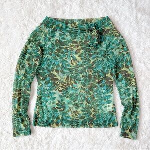 VTG 90s Y2K Mexx Woman Green Leaf Sheer Mesh Long Sleeve Top MEDIUM Boho Fairy